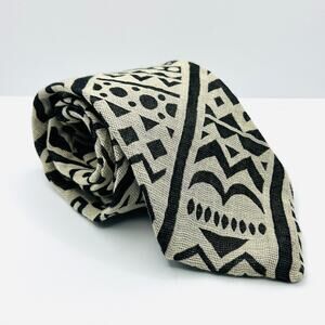 Vintage 90s Prochownick Black Cream Geometric Cotton Linen Blend Made Italy Tie